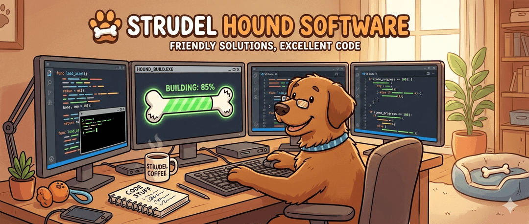 Strudel at his desk, building something great